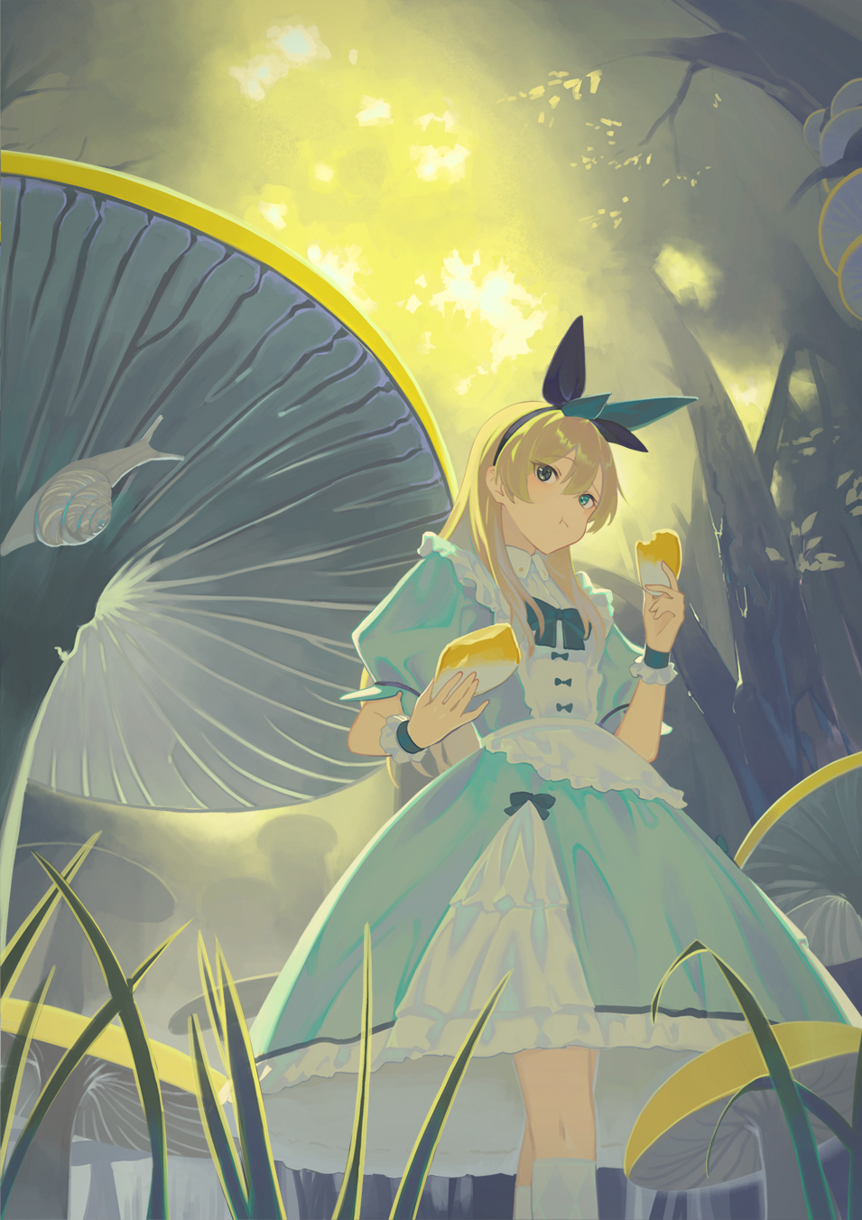 1girl alice_(alice_in_wonderland) alice_in_wonderland black_hairband blonde_hair blue_bow blue_dress blue_eyes bow closed_mouth dress eating feet_out_of_frame frilled_cuffs frilled_dress frills grass green_eyes hair_between_eyes hair_bow hairband heterochromia highres long_hair minigirl mushroom pinafore_dress puffy_short_sleeves puffy_sleeves short_sleeves sleeveless sleeveless_dress snail socks solo tree wakuseiy white_socks wrist_cuffs