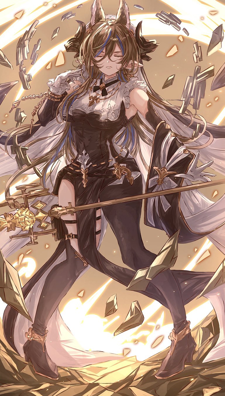 1girl animal_ears asymmetrical_footwear black_dress black_footwear blue_hair boots breasts brown_background brown_hair brown_horns closed_eyes closed_mouth cross_tie debris detached_sleeves dress extra_ears facing_viewer frilled_sleeves frills full_body galleon_(granblue_fantasy) geokinesis gloves granblue_fantasy hair_between_eyes hand_up high_heel_boots high_heels highres horns jewelry knee_boots large_breasts light_particles long_hair multicolored_hair muramitsu_(d3jgv) necklace outstretched_arm pelvic_curtain pointy_ears rock serious sleeveless sleeveless_dress solo staff standing streaked_hair thigh_boots thigh_strap white_gloves white_headdress