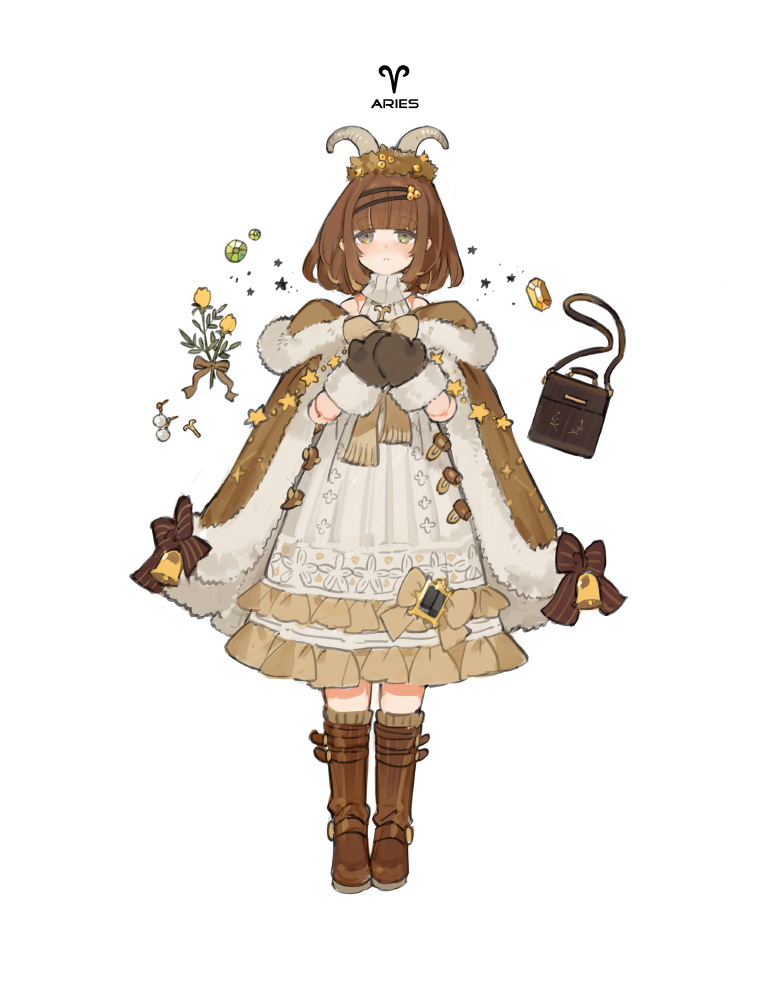 1girl aries_(zodiac) bag black_eyes blush boots bow brown_bag brown_bow brown_footwear brown_gloves brown_hair brown_mittens brown_ribbon dress earrings floating floating_object flower fluff gem gloves gold_necklace green_gemstone hair_ornament hands_up holding holding_bow_(ornament) horns jewelry long_fall_boots looking_ahead looking_at_viewer medium_hair mittens necklace nose_blush open_mouth original pearl_earrings ribbon sheep_horns sleeveless star_(symbol) starshadowmagician turtleneck white_background white_dress white_horns yellow_flower yellow_gemstone zodiac