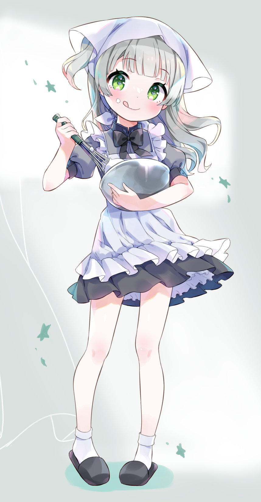1girl :q amimi apron black_bow black_bowtie black_dress black_footwear blunt_bangs bow bowl bowtie commentary_request commission dress frilled_apron frills full_body green_eyes grey_hair highres holding holding_bowl holding_whisk indie_virtual_youtuber kamo_negi long_hair mixer_(cooking) puffy_short_sleeves puffy_sleeves short_dress short_sleeves skeb_commission slippers socks star_(symbol) tongue tongue_out virtual_youtuber whisk whisking white_apron white_headwear white_socks