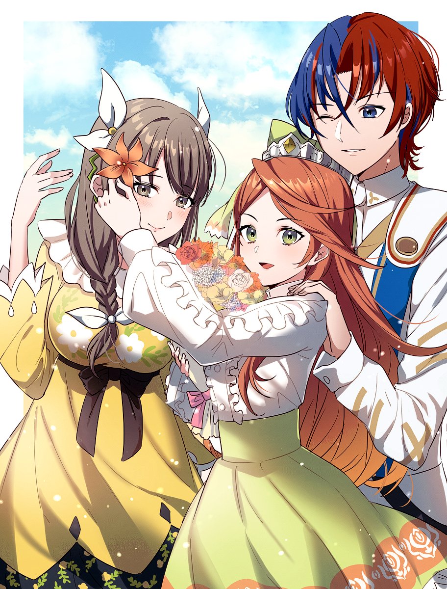 1boy 2girls alear_(fire_emblem) alear_(male)_(fire_emblem) ameno_(a_meno0) blue_eyes blue_hair blue_sky blush bouquet braid breasts brown_eyes brown_hair casual center_frills clouds commentary_request dress etie_(fire_emblem) fire_emblem fire_emblem_engage flower forehead frills goldmary_(fire_emblem) green_eyes green_skirt grin hair_flower hair_ornament hair_ribbon hand_on_another's_shoulder height_difference highres holding holding_bouquet jacket long_hair long_sleeves medium_breasts multicolored_hair multiple_girls official_alternate_costume one_eye_closed orange_flower orange_hair parted_bangs red_flower red_rose redhead ribbon rose shirt short_hair side_braid skirt sky smile split-color_hair swept_bangs two-tone_hair white_flower white_jacket white_ribbon white_rose white_shirt yellow_dress yellow_flower