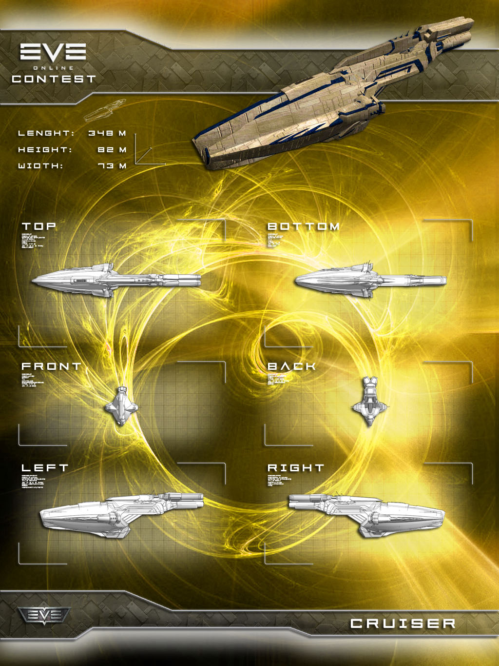 3d amarr_empire_(eve_online) commentary concept_art copyright_name cruiser_(eve_online) eve_online from_above from_behind from_below from_side highres logo military military_vehicle mystic-galaxy no_humans original science_fiction spacecraft thrusters vehicle_focus yellow_theme