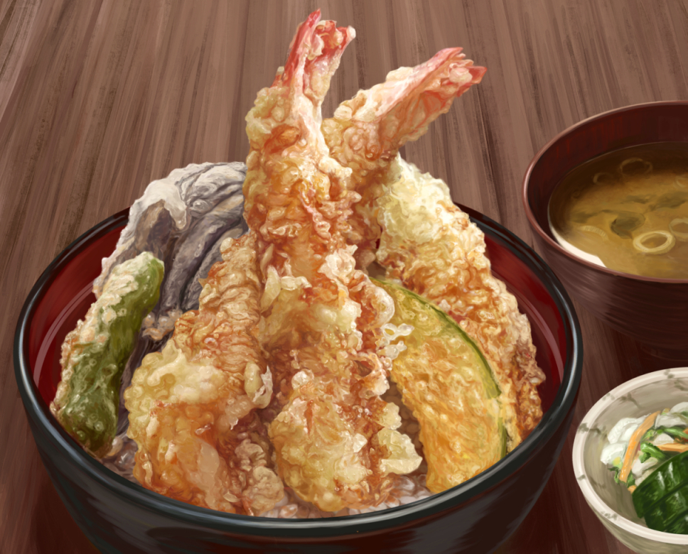 bowl food food_focus jiji_(kbj0225) no_humans original shadow shrimp shrimp_tempura soup still_life tempura