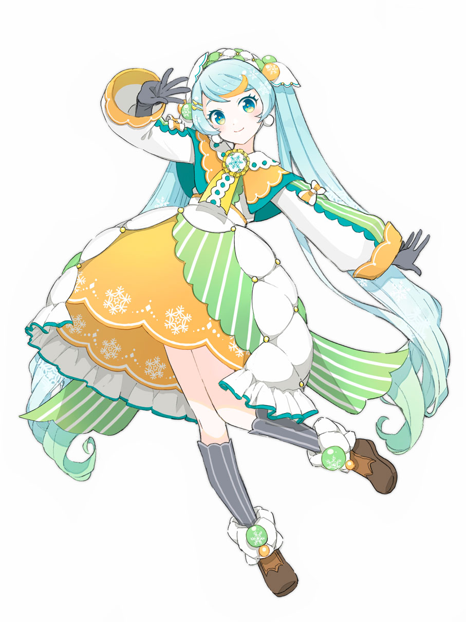 1girl agonasubi black_gloves black_socks blue_hair boots bow brown_footwear capelet coattails commentary contrapposto earrings food-themed_hair_ornament full_body gloves gradient_hair green_hair green_skirt hair_ornament hand_up hatsune_miku highres hoop_skirt jewelry kneehighs leg_up light_blue_hair long_hair looking_at_viewer medal multicolored_hair orange_capelet orange_hair orange_skirt outstretched_arm puffy_sleeves quilted_clothes skirt snowflake_print socks solo streaked_hair striped striped_skirt striped_socks twintails very_long_hair vocaloid white_background white_bow white_headdress yuki_miku