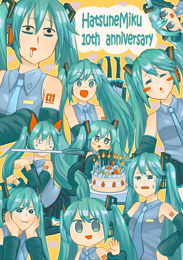 1girl :3 :d :i =_= animal_ears anniversary bags_under_eyes birthday_cake black_footwear black_skirt black_sleeves blue_eyes blue_hair blue_necktie blush_stickers boots cake candle cat_ears cat_tail chibi closed_mouth collared_shirt commentary_request detached_sleeves food frown grey_shirt hatsune_miku kemonomimi_mode long_hair medium_bangs multiple_views necktie open_mouth pleated_skirt raised_eyebrow shirt skirt sleeveless sleeveless_shirt smile spring_onion sweat tail thigh_boots twintails upper_body uwanoagoto very_long_hair vocaloid