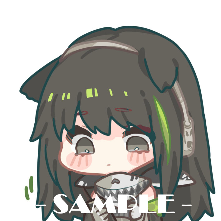 1girl animal_ears bare_shoulders black_hair blush_stickers chibi closed_mouth commentary_request cui_pi_zha_xia_qiu ears_down girls_frontline green_hair grey_eyes headphones kemonomimi_mode long_hair m4a1_(girls'_frontline) multicolored_hair sample_watermark simple_background solo streaked_hair upper_body white_background