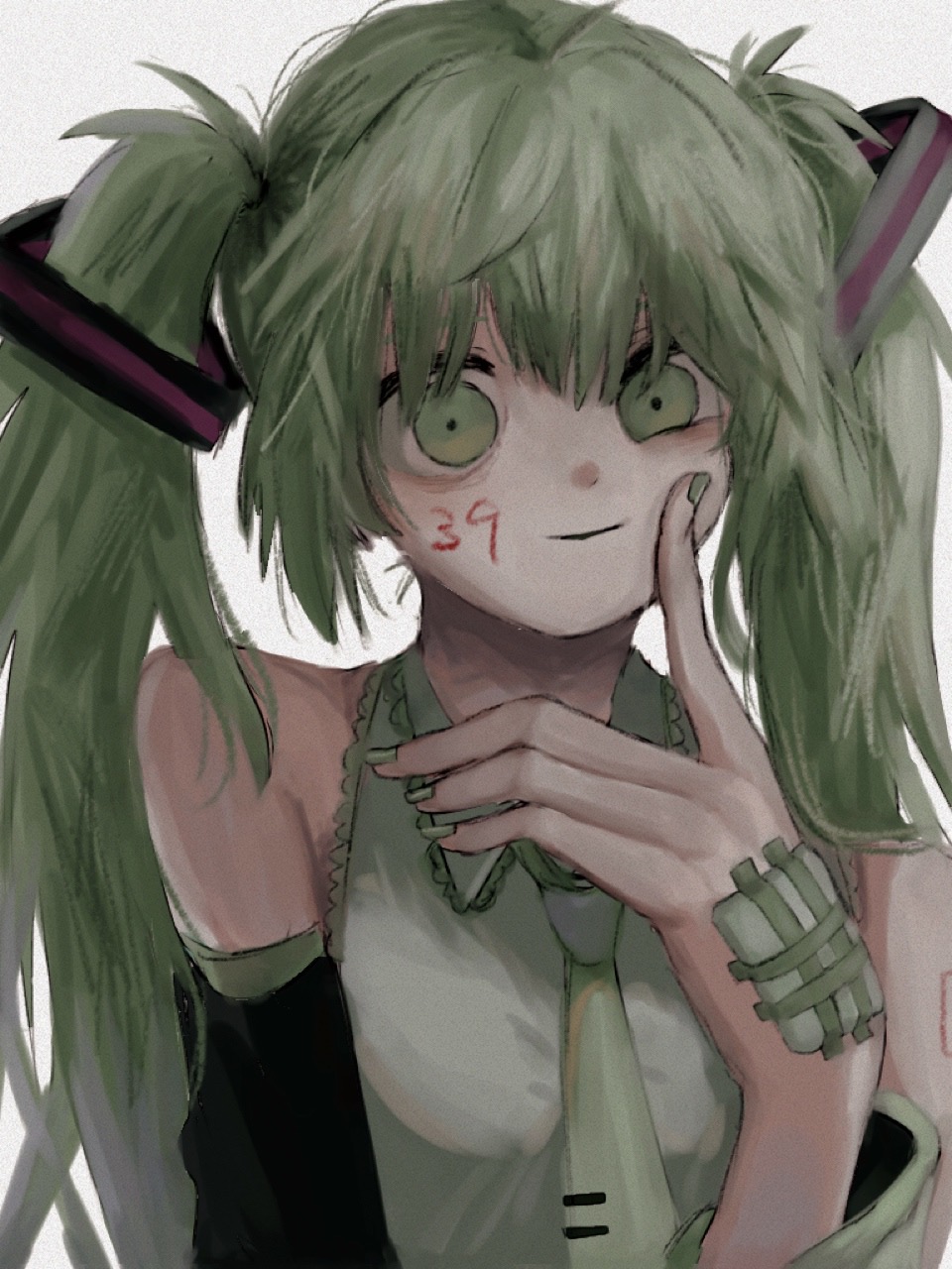 1girl bags_under_eyes bandaid bandaid_on_hand bare_shoulders black_sleeves collared_shirt detached_sleeves dot_nose facing_viewer finger_to_cheek finger_to_own_chin fingernails frilled_shirt frilled_shirt_collar frills gauze green_eyes green_hair green_nails green_necktie hair_between_eyes hair_ornament hand_up hatsune_miku highres light_smile long_hair looking_at_viewer messy_hair miku_day muted_color nail_polish necktie nemui_(nr4jk) number_tattoo open_mouth shirt shoulder_tattoo simple_background sleeveless sleeveless_shirt smile solo tattoo tie_clip twintails upper_body vocaloid white_background