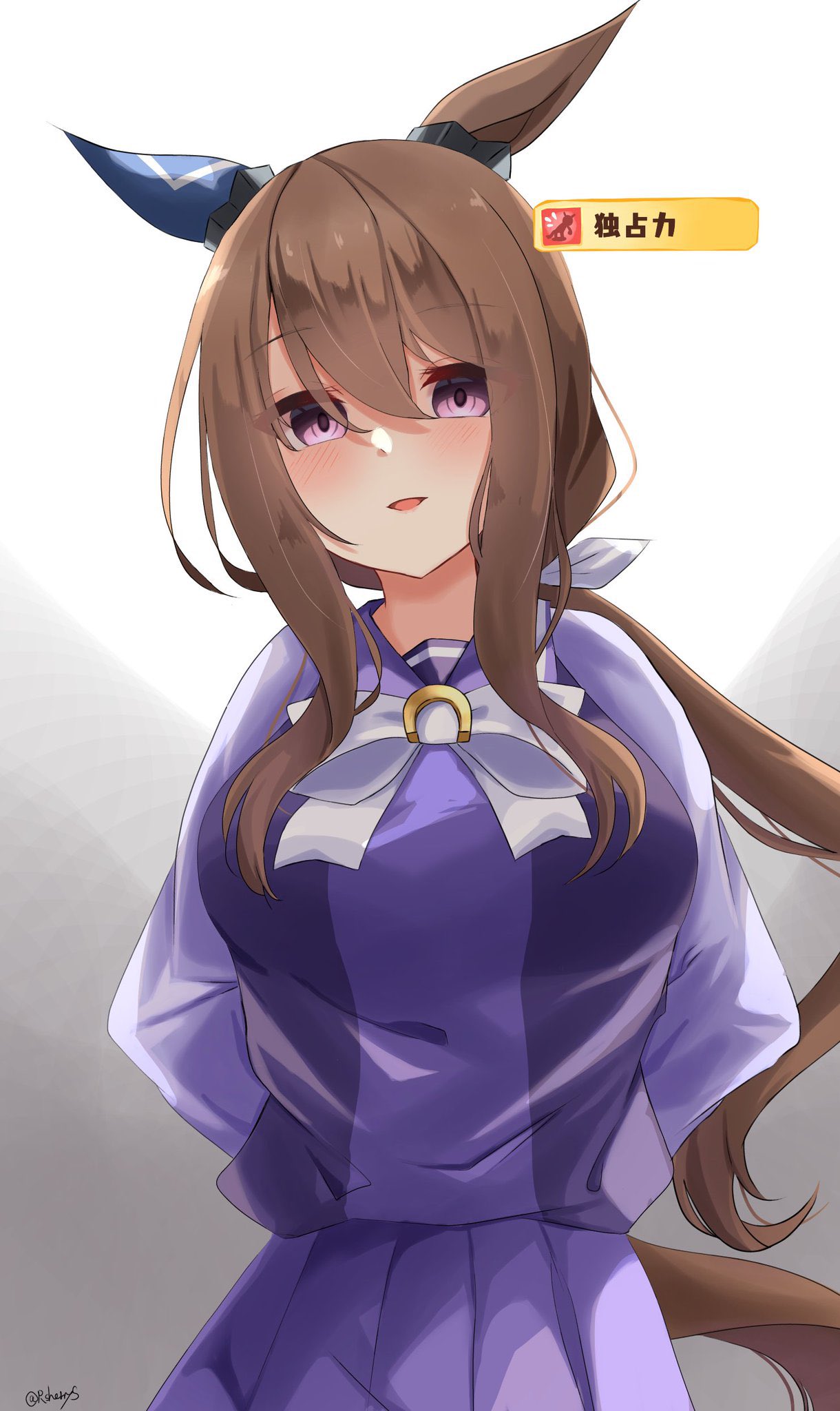 1girl admire_vega_(umamusume) animal_ears arms_behind_back bow breasts brown_hair commentary ear_covers empty_eyes gameplay_mechanics gradient_background highres horse_ears horse_girl horse_tail long_hair long_sleeves looking_at_viewer medium_breasts naonao_(sherry) open_mouth ponytail purple_serafuku ribbon school_uniform serafuku sidelocks signature simple_background single_ear_cover solo tail tracen_school_uniform twitter_username umamusume violet_eyes white_bow yandere you_gonna_get_raped