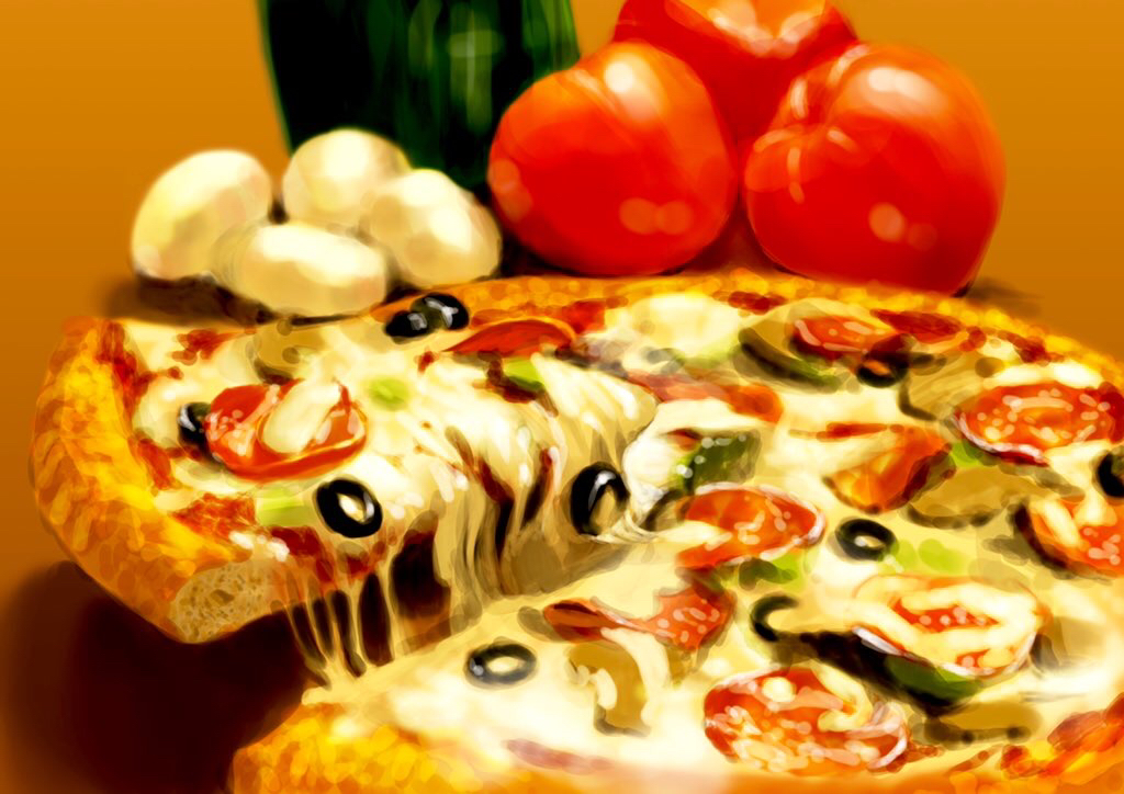 cheese_trail enonnbo food food_focus mushroom no_humans original pepperoni pizza pizza_slice shadow still_life tomato