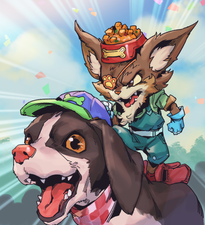 1boy animal belt blue_gloves body_fur bowl brown_eyes brown_fur cats_vs_dogs_kled clenched_hand clouds dog eyepatch food gloves green_pants kled league_of_legends official_alternate_costume open_mouth outdoors pants phantom_ix_row plaid plaid_scarf pointy_ears red_scarf scarf skaarl teeth tongue white_belt yordle