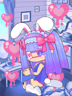 1girl 3d animal_ears animated animated_gif blinking blush bow eyepatch fancy-pink hands_up headdress heart holding indoors jigyakuna kneehighs legband light_smile long_hair looking_at_viewer looking_back lowres melting mirror picture_frame pink_bow purple_hair rabbit_ears rabbit_girl rabbit_tail smile socks tail tears tororintime violet_eyes white_socks window