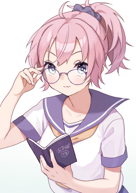 1girl aoba_(kancolle) bespectacled blue_eyes blue_scrunchie commentary_request commission glasses hair_ornament hair_scrunchie kantai_collection messy_hair mitsuyo_(mituyo324) neckerchief notebook pink_hair ponytail purple_sailor_collar sailor_collar sailor_shirt school_uniform scrunchie serafuku shirt simple_background solo upper_body white_background white_shirt yellow_neckerchief