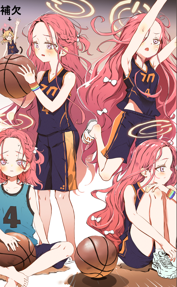 &gt;_&lt; 2girls animal_ear_headphones animal_ears arm_up arms_up arrow_(symbol) bad_id bad_pixiv_id ball basketball basketball_jersey black_shirt black_shorts blonde_hair blue_archive blue_shirt blush bow braid breasts cat_ear_headphones cat_ears cat_tail closed_eyes closed_mouth commentary fake_animal_ears forehead hair_bow halo headphones highres holding holding_ball long_hair momoi_(blue_archive) multiple_girls multiple_views open_mouth red_bow redhead ryoma_(rym_369) sandals shirt shoes shorts sidelocks sitting sleeveless sleeveless_shirt small_breasts standing standing_on_one_leg sweat tail translation_request very_long_hair violet_eyes white_bow white_footwear yuzu_(blue_archive)