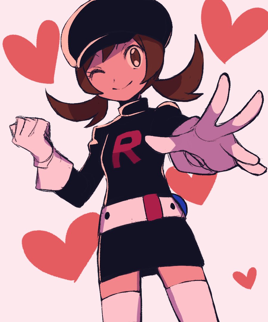 1girl ;) belt black_dress black_headwear boots brown_eyes brown_hair clenched_hand closed_mouth commentary_request dress gloves hat heart logo long_hair looking_at_viewer lyra_(pokemon) one_eye_closed pokemon pokemon_(game) pokemon_hgss pokemon_masters_ex smile solo spread_fingers team_rocket team_rocket_uniform thigh_boots twintails tyako_089