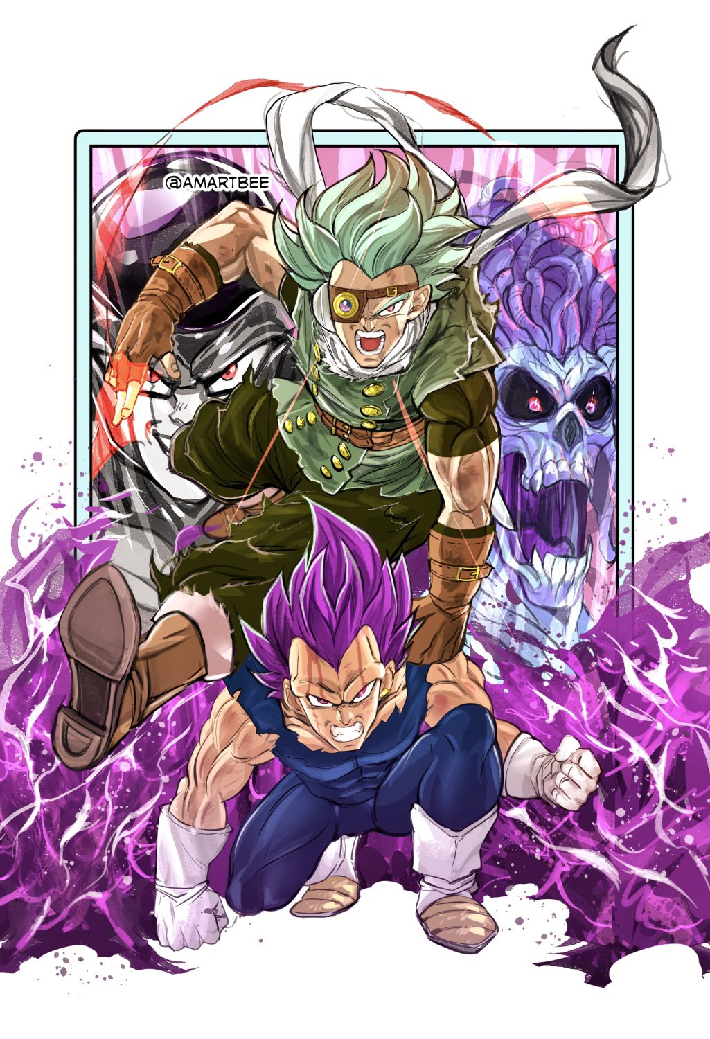 4boys amartbee black_frieza boots brown_footwear clenched_teeth commentary covered_abs derivative_work dragon_ball dragon_ball_super dreadlocks english_commentary evil_smile eyepatch fingerless_gloves frieza gas_(dragon_ball) gloves granolah_(dragon_ball) green_hair highres hollow_eyes male_focus multiple_boys muscular muscular_male no_eyebrows on_one_knee purple_hair red_eyes smile teeth twitter_username ultra_ego_(dragon_ball) vegeta violet_eyes white_footwear white_gloves zombie