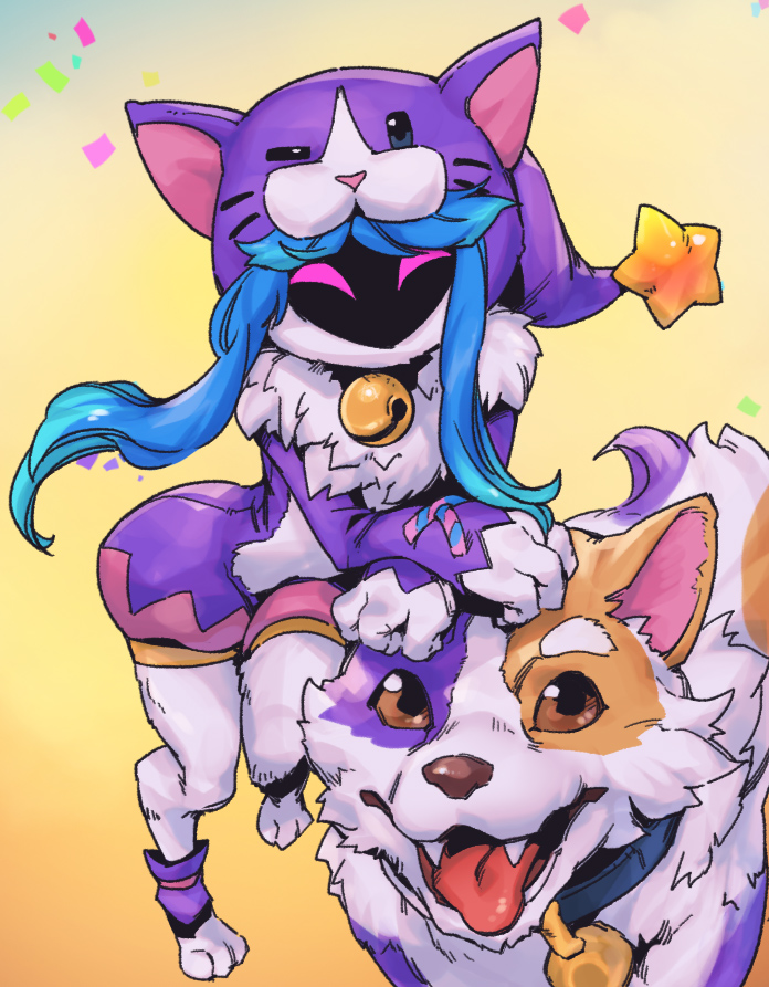 1girl animal animal_collar animal_costume animal_ears bell body_fur cats_vs_dogs_kindred collar confetti cosplay crossed_arms dog dog_costume dog_ears fake_animal_ears fangs fur_collar furry furry_female gradient_background hood hood_up kigurumi kindred_(league_of_legends) lamb_(league_of_legends) league_of_legends long_hair looking_at_viewer neck_bell phantom_ix_row sidelocks star_(symbol) teeth tongue tongue_out white_fur
