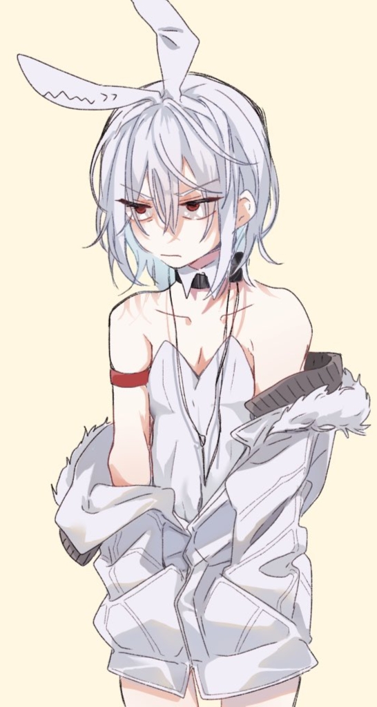 1boy accelerator_(toaru_majutsu_no_index) albino ambiguous_gender androgynous animal_ears annoyed bare_legs black_choker choker covered_navel crossdressing detached_collar diagonal_stripes electrodes fake_animal_ears frown fur-trimmed_jacket fur_trim furrowed_brow hands_in_pockets jacket leotard looking_at_viewer medium_hair open_clothes open_jacket pale_skin pepo_peropero playboy_bunny rabbit_ears red_armband red_eyes sanpaku shadow solo strapless strapless_leotard striped toaru_majutsu_no_index upper_body white_hair white_jacket white_leotard yellow_background