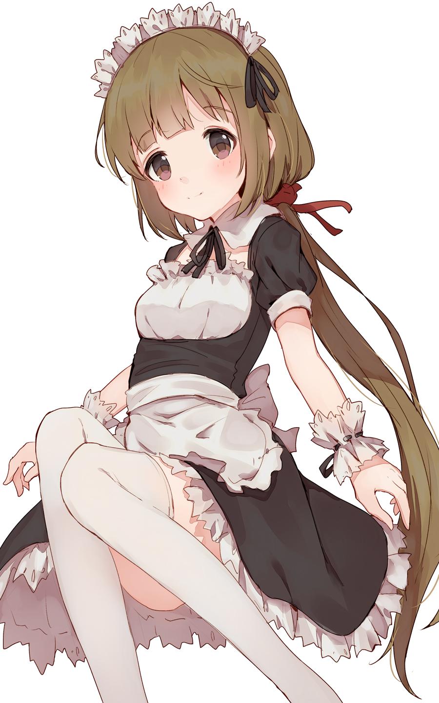1girl apron black_dress black_ribbon blunt_bangs blush bow brown_eyes brown_hair closed_mouth detached_collar dress frilled_dress frills hair_bow hair_ribbon highres idolmaster idolmaster_cinderella_girls idolmaster_cinderella_girls_starlight_stage invisible_chair long_hair looking_at_viewer maid_headdress neck_ribbon ponytail red_bow ribbon scrunchie shone short_sleeves simple_background sitting smile solo thigh-highs very_long_hair waist_bow white_apron white_background white_thighhighs yorita_yoshino