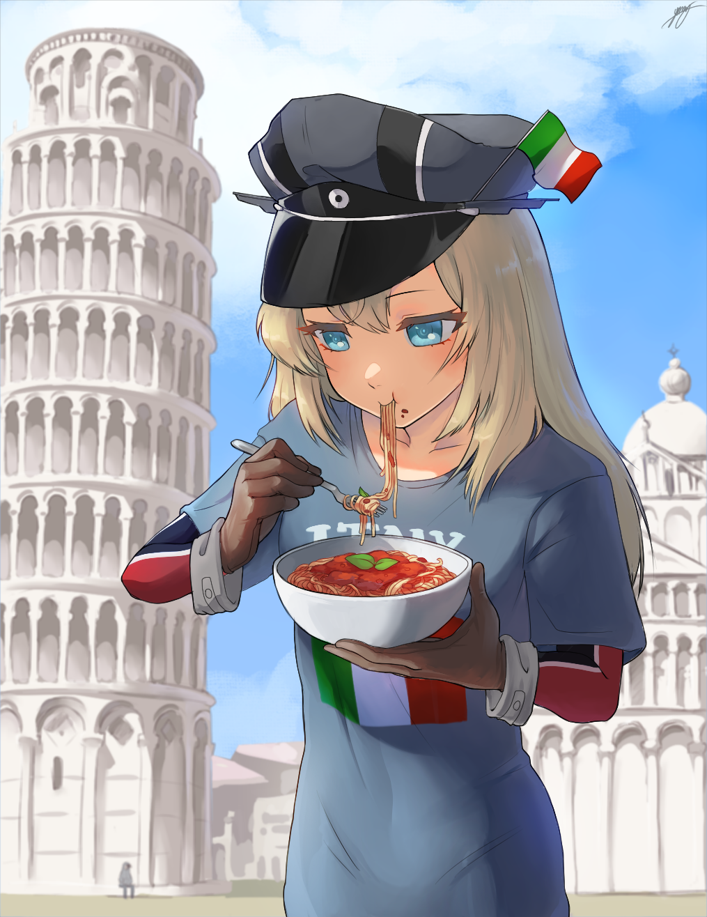 bismarck_(kancolle) blonde_hair blue_eyes blue_shirt bowl clouds collarbone eating food fork gloves hat highres holding holding_bowl holding_fork indiana_georg italian_flag kantai_collection leaning_tower_of_pisa long_hair military_hat outdoors pasta shirt sky spaghetti