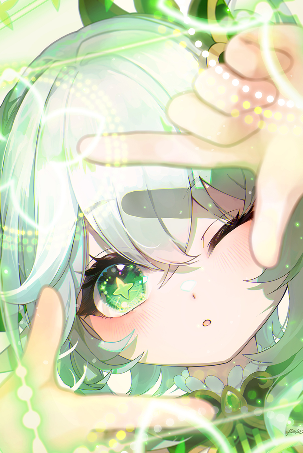 1girl blush cross-shaped_pupils genshin_impact gradient_hair green_eyes grey_hair hair_between_eyes hair_ornament highres long_hair looking_at_viewer multicolored_hair nahida_(genshin_impact) one_eye_closed parted_lips pistachiocream pointy_ears side_ponytail solo symbol-shaped_pupils