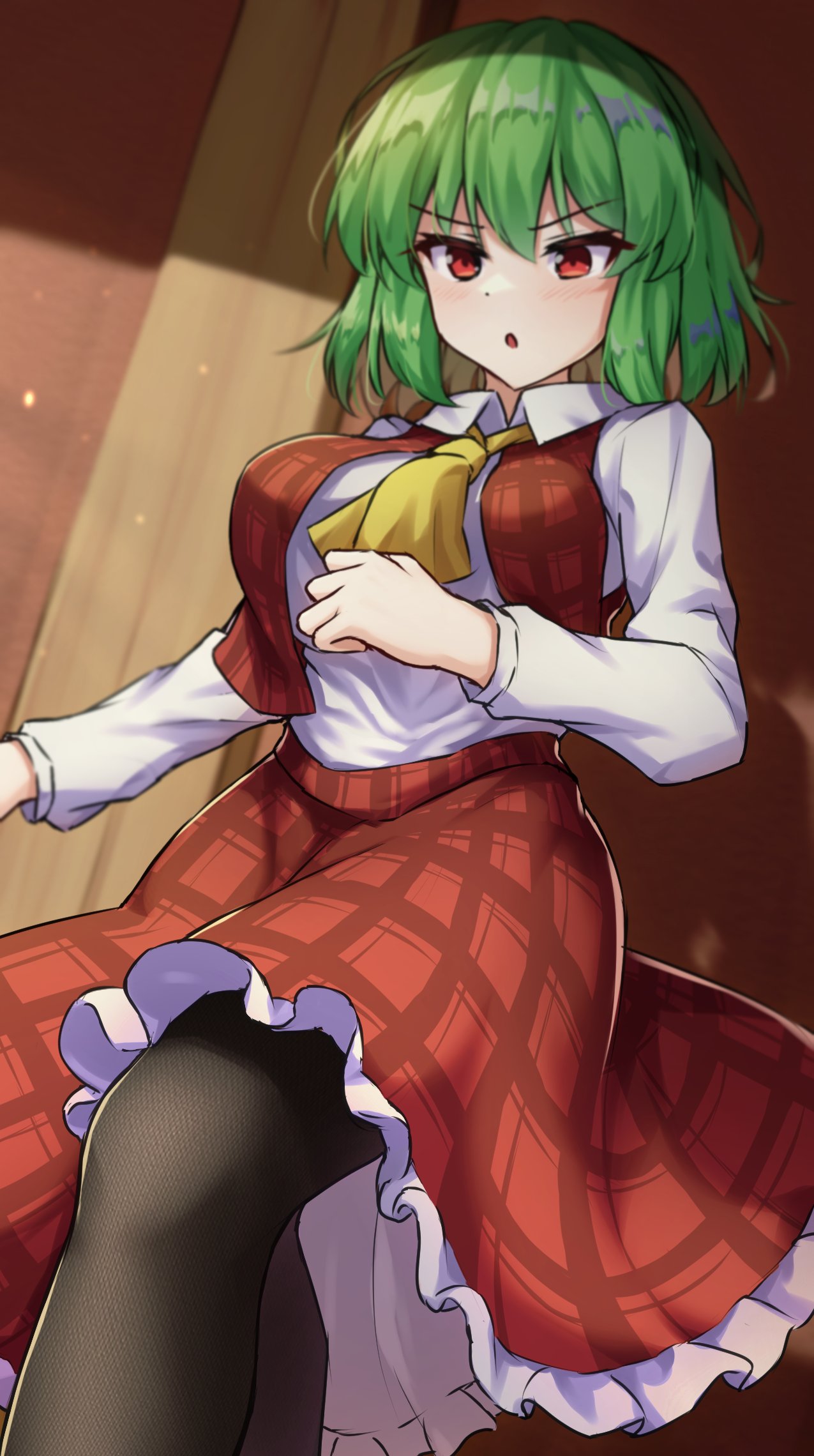1girl ascot breasts closed_mouth commentary green_hair highres kazami_yuuka large_breasts long_sleeves looking_at_viewer open_mouth plaid plaid_skirt red_eyes red_skirt red_vest shirt short_hair skirt smile solo touhou vest white_shirt yellow_ascot yosshy
