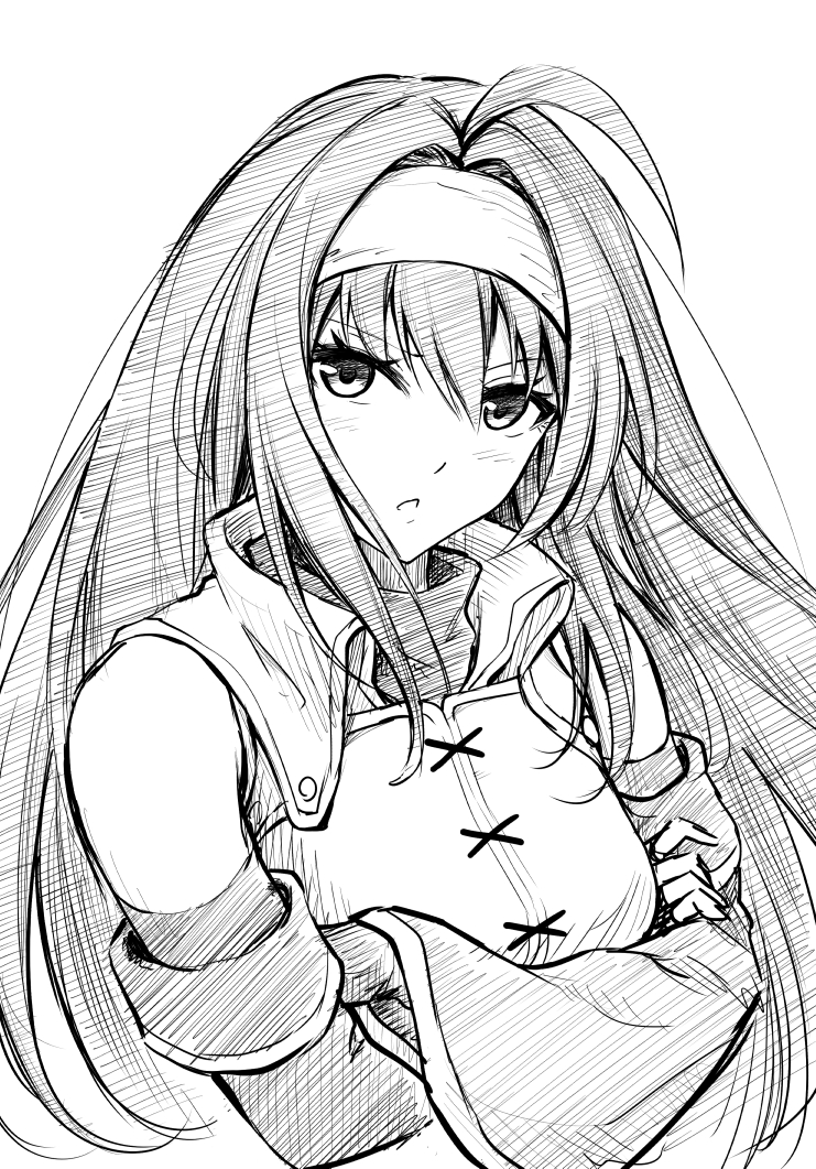 1girl ahoge breasts crossed_arms detached_sleeves fingerless_gloves fire_emblem fire_emblem:_path_of_radiance fire_emblem:_radiant_dawn gloves greyscale hair_between_eyes hairband long_hair looking_at_viewer medium_breasts mia_(fire_emblem) monochrome open_mouth simple_background sketch solo ten_(tenchan_man) turtleneck upper_body white_background