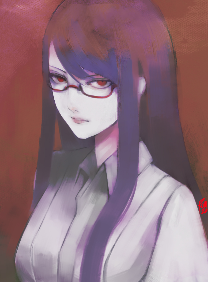 1girl asymmetrical_bangs breasts closed_mouth collared_shirt commentary english_commentary glasses grey_shirt highres kamishiro_rize large_breasts long_hair looking_at_viewer moedredd pale_skin purple_hair red-framed_eyewear red_background red_eyes sanpaku semi-rimless_eyewear shirt signature solo tokyo_ghoul under-rim_eyewear upper_body white_shirt