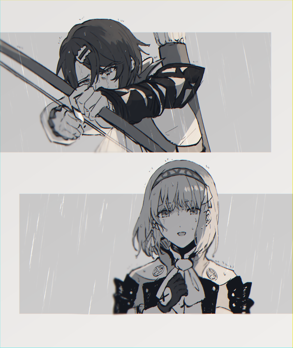 1boy 1girl alcryst_(fire_emblem) armor arrow_(projectile) bad_id bad_poipiku_id bow_(weapon) fire_emblem fire_emblem_engage gloves greyscale hair_ornament hairband hairclip holding holding_weapon lapis_(fire_emblem) monochrome open_mouth rain ribbon short_hair smile weapon wspread