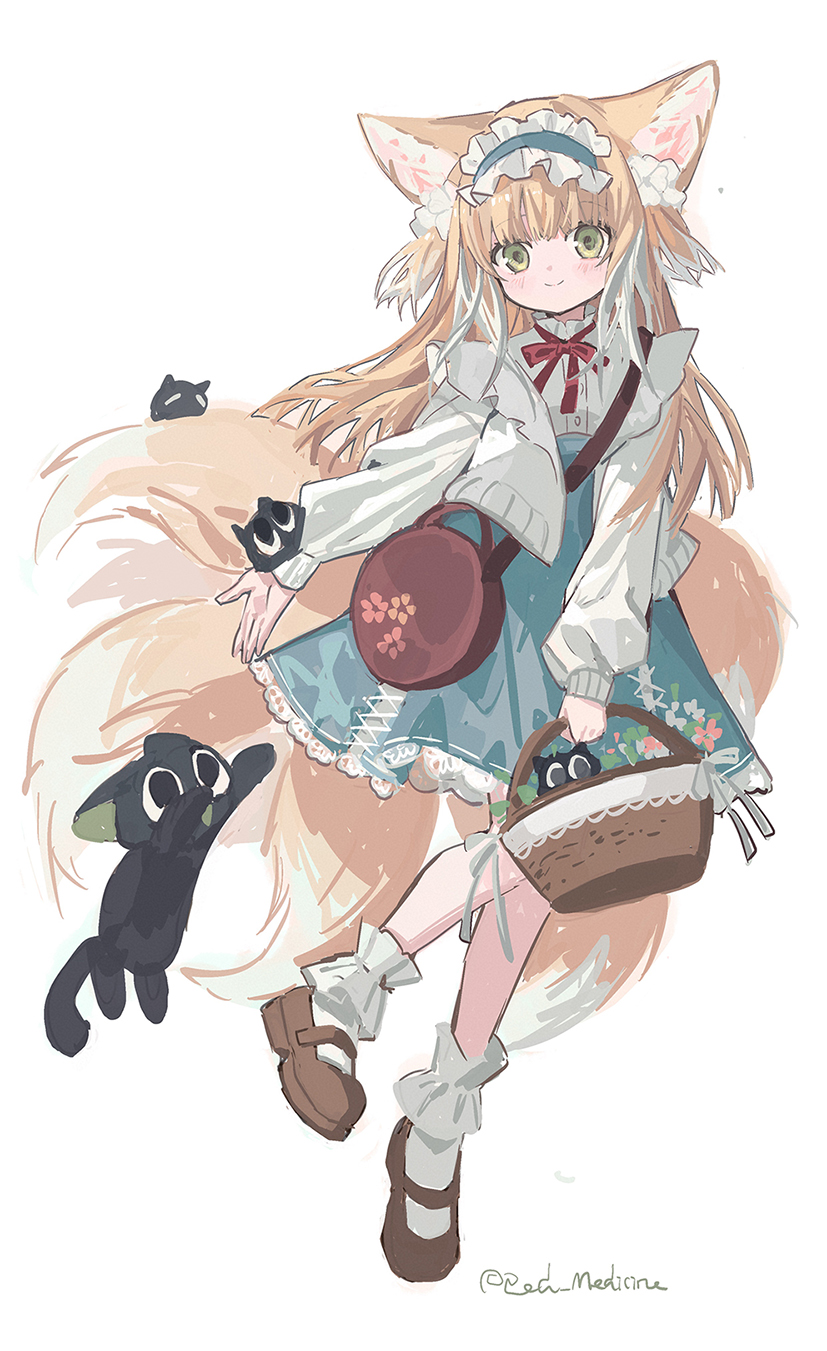 1girl animal animal_ear_fluff animal_ears arknights bag basket black_cat blonde_hair blue_hairband blue_skirt brown_footwear cat chinese_commentary closed_mouth commentary_request fox_ears fox_girl fox_tail frilled_hairband frills full_body green_eyes hairband heixiu highres holding holding_basket jacket kitsune kyuubi long_hair long_sleeves looking_at_viewer luoxiaohei mixed-language_commentary multicolored_hair multiple_tails neck_ribbon official_alternate_costume open_clothes open_jacket puffy_long_sleeves puffy_sleeves red_(girllove) red_ribbon ribbon shirt shoes shoulder_bag simple_background skirt smile socks solo standing standing_on_one_leg suzuran_(arknights) suzuran_(spring_praise)_(arknights) tail the_legend_of_luo_xiaohei twitter_username two-tone_hair very_long_hair white_background white_hair white_jacket white_shirt white_socks