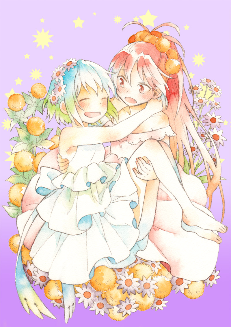 2girls armpit_crease bare_legs blue_dress blue_hair blush bow carrying closed_eyes collarbone colored_inner_hair daisy dandelion dress dress_bow embarrassed feet flat_chest flower frilled_dress frills gradient_background gradient_hair hair_flower hair_ornament high_ponytail long_hair looking_at_another mahou_shoujo_madoka_magica marker_(medium) miki_sayaka multicolored_hair multiple_girls off-shoulder_dress off_shoulder open_mouth pink_dress princess_carry purple_background red_eyes redhead rocni sakura_kyouko short_dress short_hair sleeveless sleeveless_dress smile traditional_media very_long_hair wavy_mouth yuri