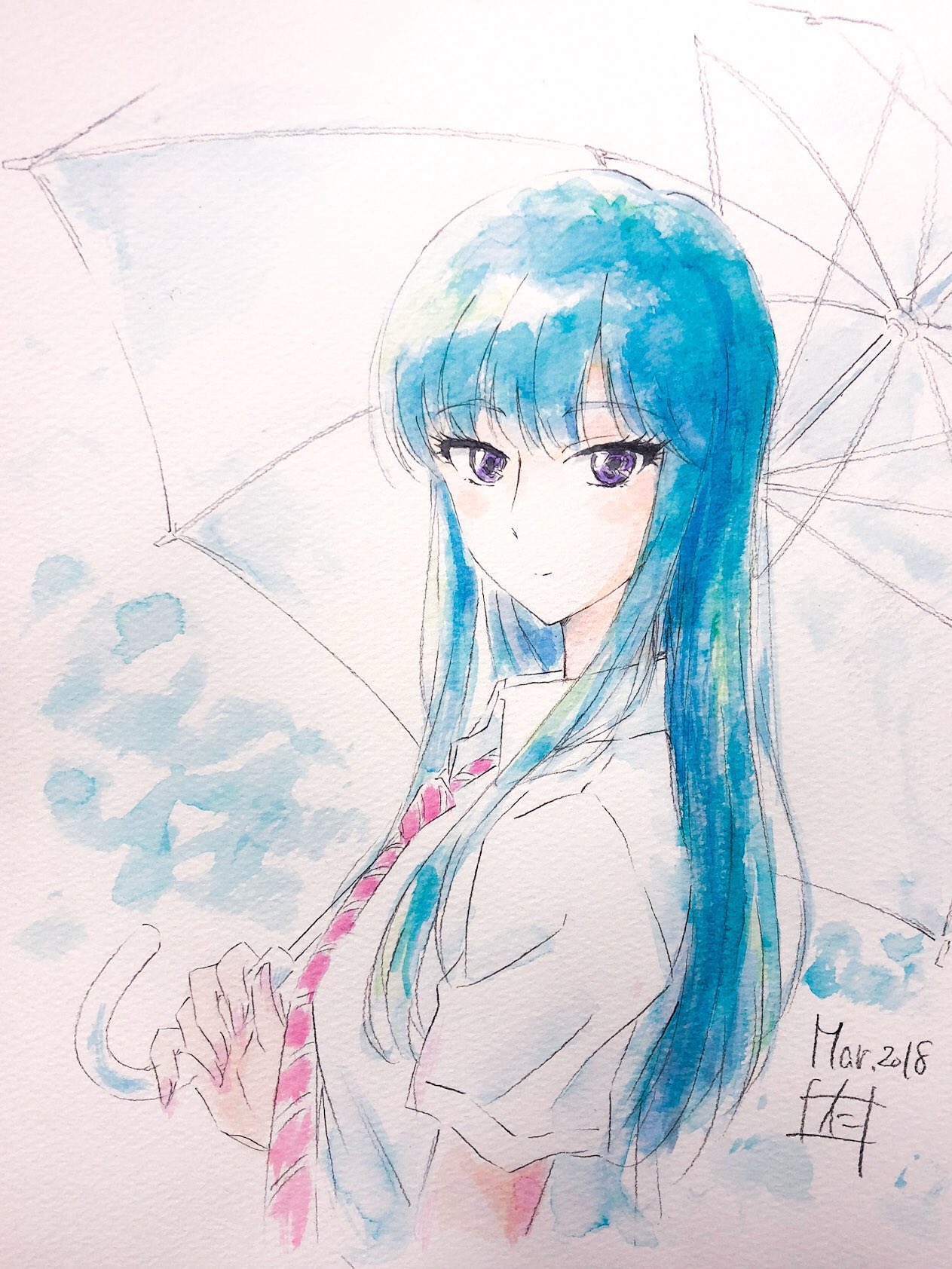 1girl blue_hair closed_mouth collared_shirt color_ink_(medium) commentary_request cropped_torso dated diagonal-striped_necktie diagonal_stripes fingernails from_side hair_over_shoulder highres holding holding_umbrella koi_wa_ameagari_no_you_ni light_smile long_hair looking_at_viewer looking_to_the_side necktie nii_manabu red_necktie school_uniform shirt short_sleeves signature solo split_mouth striped striped_necktie tachibana_akira traditional_media transparent transparent_umbrella tsurime umbrella upper_body violet_eyes white_background white_shirt