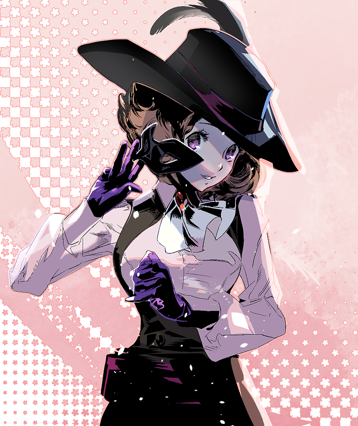 1girl ascot black_headwear breasts brown_hair cofffee eye_mask gloves hat_feather holding holding_mask long_sleeves looking_at_viewer mask medium_breasts okumura_haru parted_bangs parted_lips persona persona_5 purple_gloves shirt short_hair solo underbust upper_body violet_eyes white_shirt