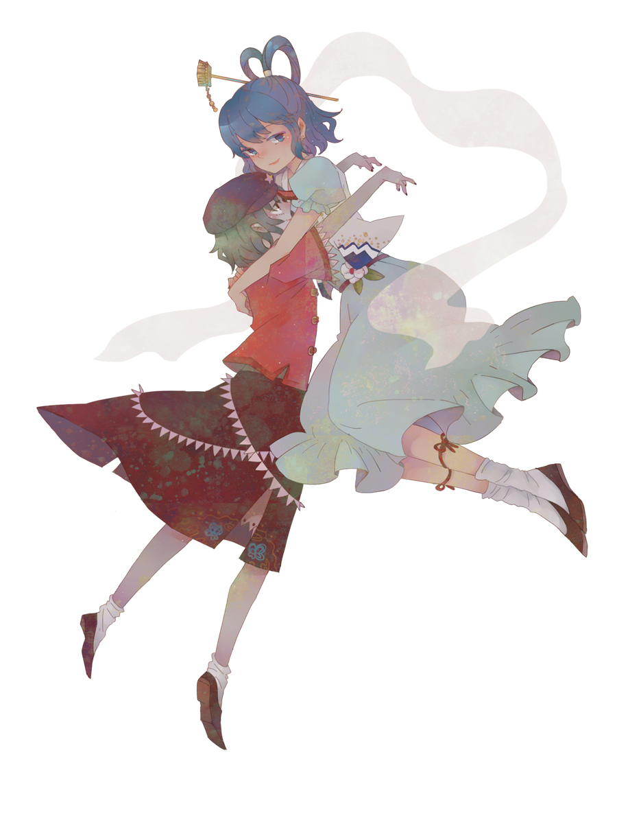 2girls black_eyes black_footwear black_hair blue_dress blue_eyes blue_hair cabbie_hat chinese_clothes closed_mouth commentary dress frilled_sleeves frills full_body hagoromo hair_ornament hair_stick hat hug jiangshi kaku_seiga kanon_(rsl) lace-trimmed_sleeves lace_trim looking_at_another looking_at_viewer miyako_yoshika multiple_girls ofuda outstretched_arms puffy_short_sleeves puffy_sleeves purple_headwear red_shirt shawl shirt shoes short_hair short_sleeves sideways_hat smile socks star_(symbol) tangzhuang touhou vest white_socks white_vest zombie_pose