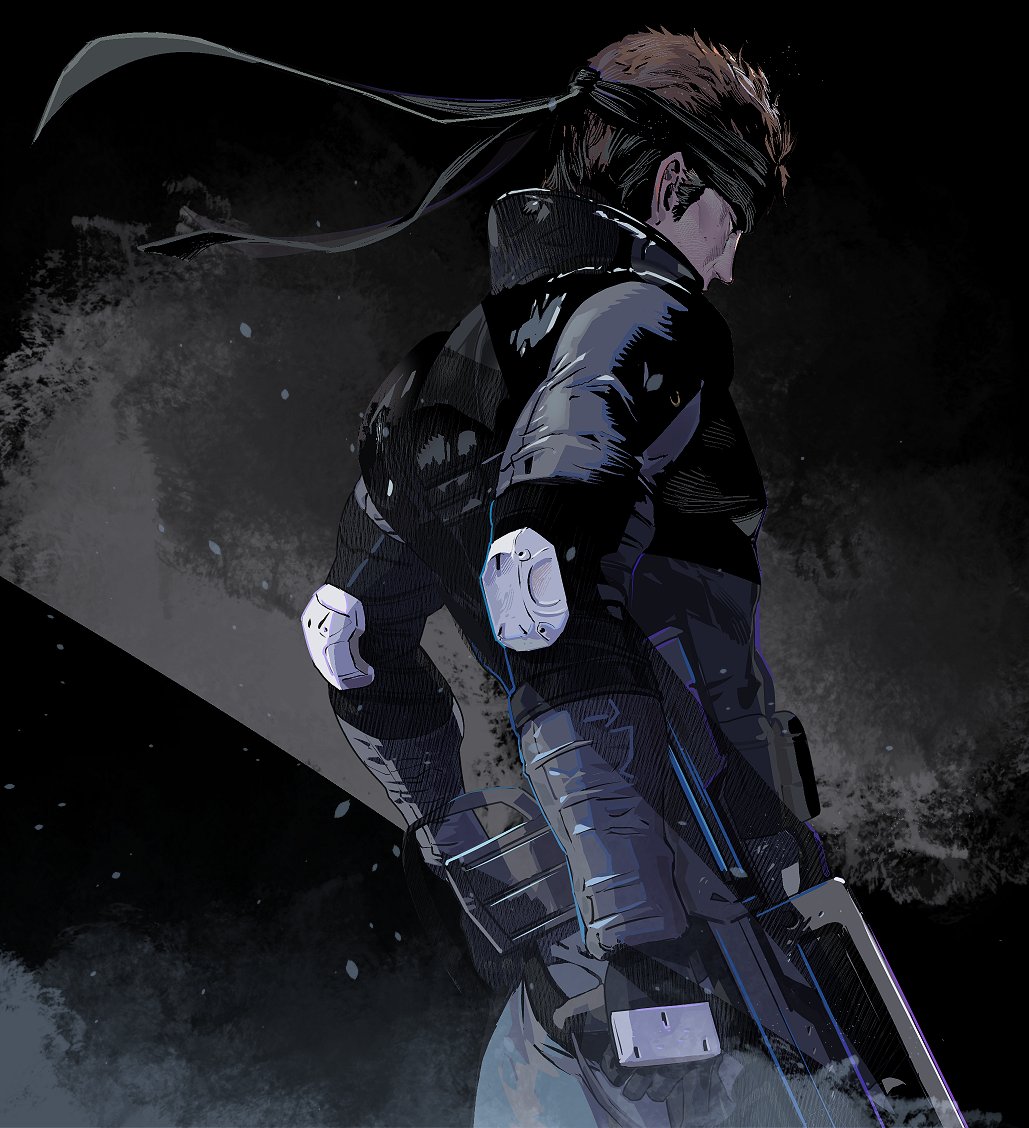1boy assault_rifle black_headband black_jacket brown_hair bullpup cofffee cowboy_shot elbow_pads facing_to_the_side famas gun headband holding holding_gun holding_weapon jacket long_sleeves looking_to_the_side machine_gun male_focus mature_male metal_gear_(series) rifle short_hair sideburns solid_snake solo toned toned_male weapon