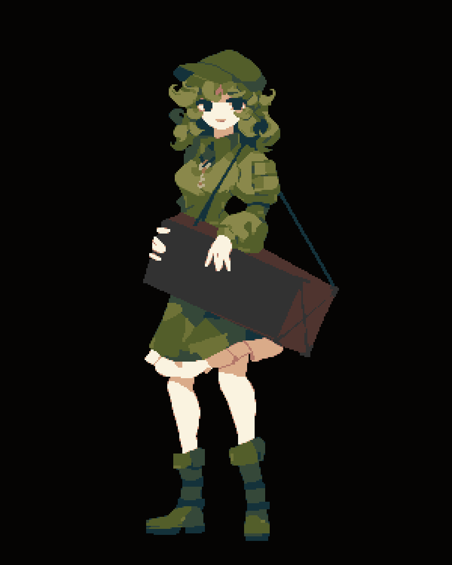 1girl 4qw5 black_background boots box flat_cap full_body green_footwear green_hair green_headwear hat juliet_sleeves key long_sleeves looking_at_viewer medium_hair parted_lips pixel_art puffy_sleeves simple_background solo standing touhou yamashiro_takane