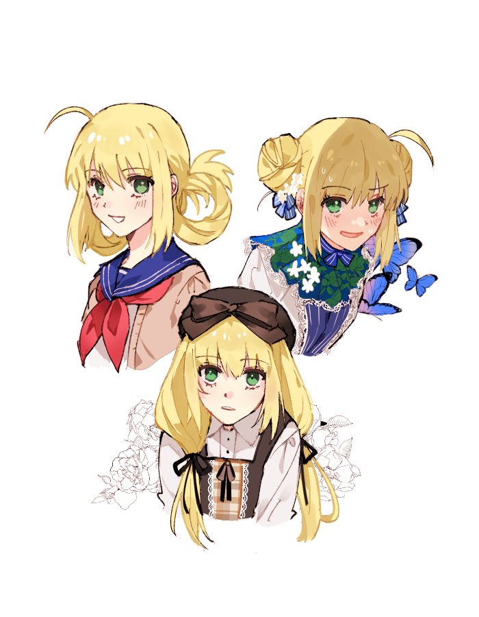 1girl ahoge appleale19 artoria_caster_(fate) artoria_pendragon_(fate) beret black_ribbon blonde_hair blue_ribbon bow braid brown_bow brown_headwear brown_sweater collared_shirt dress fate/grand_order fate_(series) flower green_eyes hair_between_eyes hair_ribbon hat looking_at_viewer multicolored_clothes multicolored_dress necktie open_mouth ribbon shirt smile sweater twintails white_background white_dress white_flower white_shirt