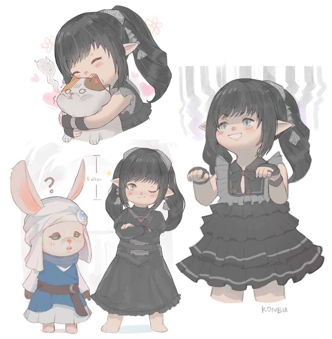 1girl 1other :d ? barefoot black_bow black_bowtie black_dress black_hair blue_eyes blush bow bowtie brooch cat closed_eyes doyagao dress final_fantasy final_fantasy_xiv frilled_dress frills furry giving_up_the_ghost grin height_difference hug jewelry konburice lalafell looking_at_viewer loporrit one_eye_closed paw_pose pointy_ears ponytail ring smile smug sparkle turban warrior_of_light_(ff14)