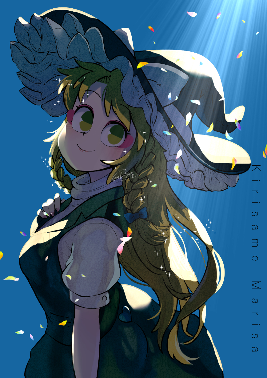 1girl ass black_headwear blonde_hair bow braid breasts carte character_name flower from_above from_side hand_on_own_chest hand_up hat hat_bow highres kirisame_marisa long_hair looking_at_viewer medium_breasts petals smile solo sparkle touhou twin_braids very_long_hair witch_hat yellow_eyes
