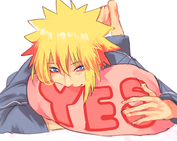 1boy barefoot blonde_hair blue_eyes blush legs_up long_sleeves looking_to_the_side lying mamizu_unacha namikaze_minato naruto naruto_(series) object_hug on_stomach pajamas pillow pillow_hug simple_background smile solo white_background yes yes-no_pillow