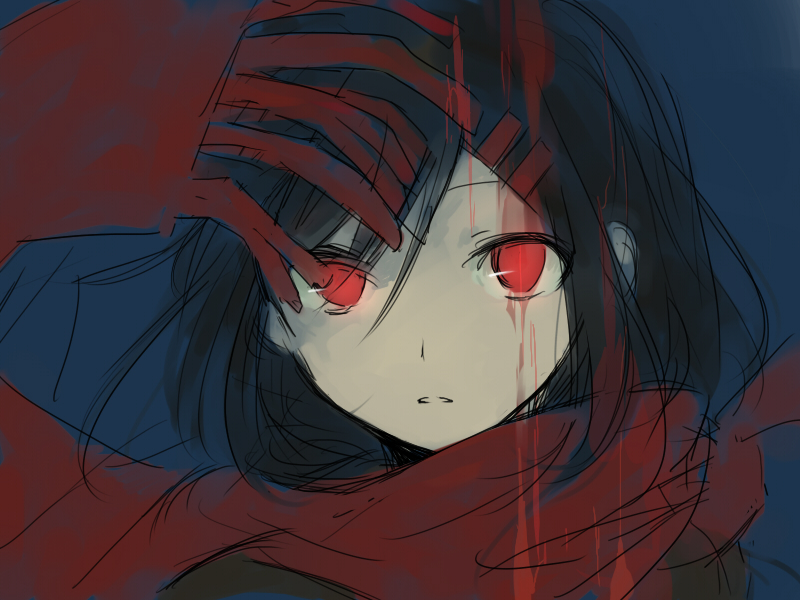 1girl aaniko ambiguous_red_liquid black_hair blue_background commentary_request empty_eyes enpera expressionless fringe_trim hair_between_eyes hair_ornament hairclip kagerou_project limited_palette looking_at_viewer mekakucity_actors parted_lips red_eyes red_scarf scarf sketch straight-on tateyama_ayano upper_body