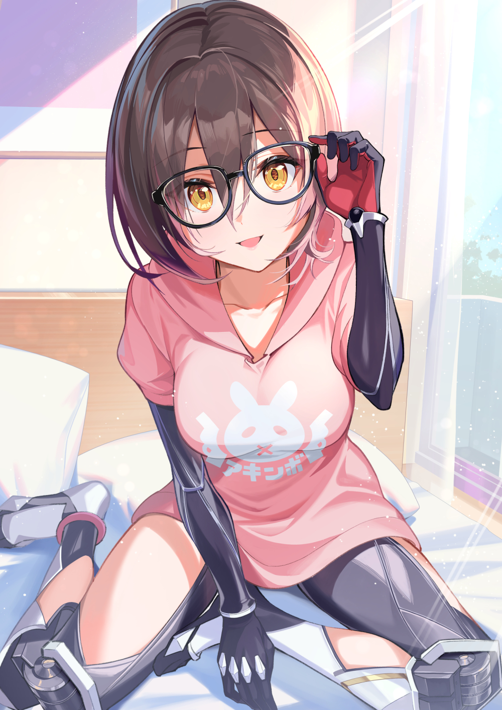 1girl android brown_hair glasses highres hololive hood hoodie kainown looking_at_viewer mechanical_arms mechanical_legs pillow pink_hoodie roboco-san short_sleeves solo teardrop-framed_glasses virtual_youtuber yellow_eyes
