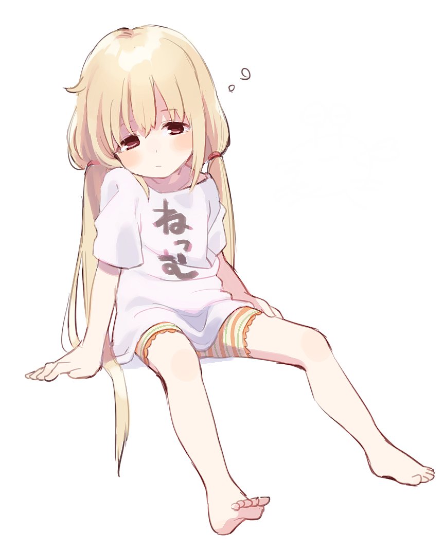 1girl arm_support barefoot blonde_hair bow brown_eyes closed_mouth collarbone full_body futaba_anzu hair_bow idolmaster idolmaster_cinderella_girls idolmaster_cinderella_girls_starlight_stage invisible_chair long_hair looking_away low_twintails multicolored_clothes multicolored_shorts red_bow shirt short_sleeves shorts simple_background sitting sleepy soles solo striped striped_shorts t-shirt toes twintails uso_(ameuzaki) very_long_hair white_background white_shirt
