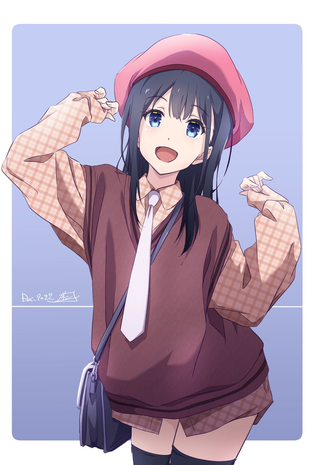 1girl arm_up bag baggy_clothes beret black_bag black_hair black_thighhighs blue_background blue_eyes border brown_sweater_vest carrying_bag collared_shirt commentary cowboy_shot dated hair_over_shoulder hand_up hat head_tilt highres long_hair looking_at_viewer monai-chan_(nii_manabu) necktie nii_manabu no_pants open_mouth original outside_border oversized_clothes oversized_shirt plaid plaid_shirt red_headwear shirt shoulder_bag sidelocks signature simple_background sleeves_past_wrists smile solo sweater_vest thigh-highs unmoving_pattern white_border white_necktie yellow_shirt