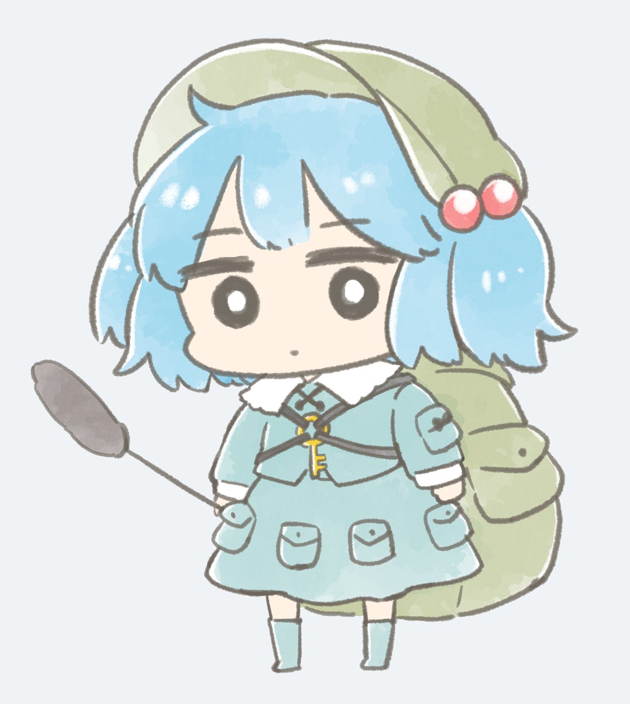 1girl backpack bag blue_footwear blue_hair blue_shirt blue_skirt boots bright_pupils cattail closed_mouth commentary cyu_ta flat_cap full_body green_headwear grey_background hair_bobbles hair_ornament hat highres kawashiro_nitori key long_sleeves looking_at_viewer plant pocket shirt simple_background skirt solo touhou two_side_up white_pupils