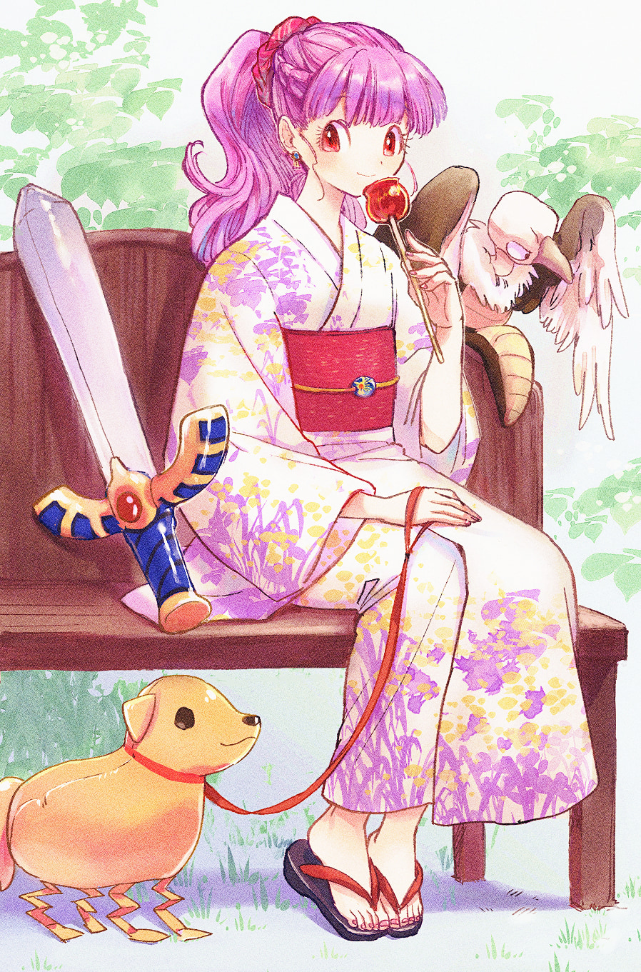 1girl balloon_animal balloon_sword bird blunt_bangs blush candy_apple chimaera_(dragon_quest) closed_mouth commentary_request dragon_quest dragon_quest_ii earrings flat_chest floral_print food full_body hair_ornament hair_scrunchie high_ponytail highres holding holding_food japanese_clothes jewelry kimono long_hair looking_at_viewer obi on_bench outdoors pink_nails princess_of_moonbrook red_eyes sash scrunchie sitting sitting_on_bench smile violet_eyes yuza zouri
