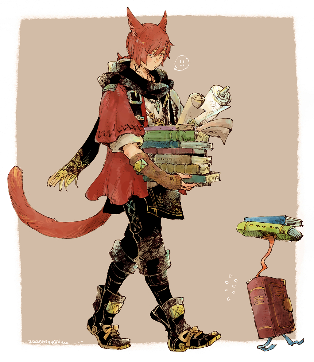 ! !! 1boy animal_ears animate_object ankle_boots black_footwear black_pants black_scarf book book_stack boots border bow braid braided_ponytail brown_background brown_gloves carrying cat_boy cat_ears cat_tail dated elbow_gloves facial_mark final_fantasy final_fantasy_xiv fingerless_gloves flying_sweatdrops footwear_bow fringe_trim from_side full_body g'raha_tia gloves grey_shirt hair_ornament holding holding_book itowff14 jacket jewelry looking_down low_ponytail male_focus miqo'te neck_tattoo outside_border pants pendant puckered_lips red_eyes red_jacket redhead scarf scroll shirt short_hair short_ponytail shoulder_belt signature single_braid solo spoken_exclamation_mark swept_bangs tail tattoo walking white_border x_hair_ornament