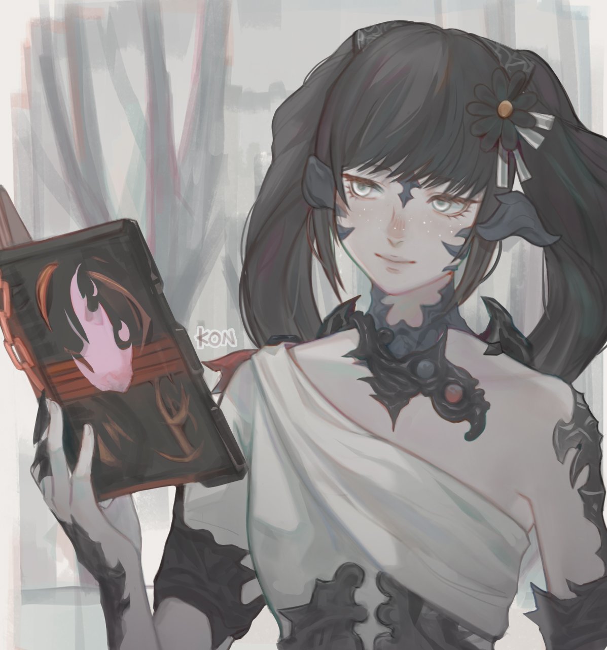 1girl au_ra black_hair book claw_ring closed_mouth colored_skin freckles grey_eyes grey_skin highres holding holding_book horns konburice monster_girl open_book reading scales signature smile solo twintails upper_body warrior_of_light_(ff14)