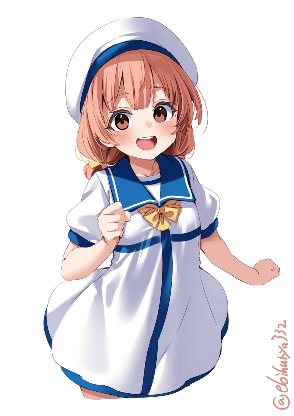 1girl blush cowboy_shot cropped_legs dress ebifurya hat highres kaiboukan_no._4_(kancolle) kantai_collection one-hour_drawing_challenge open_mouth red_eyes redhead sailor_dress sailor_hat short_hair short_sleeves simple_background smile solo teeth twitter_username upper_teeth_only white_background white_dress white_headwear