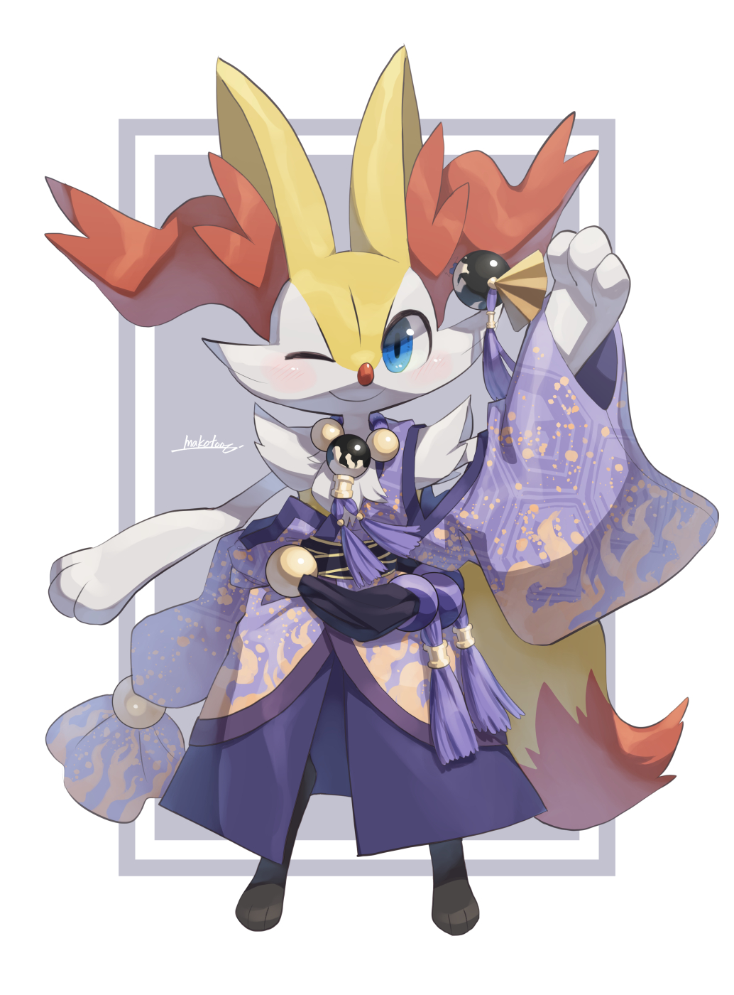 artist_name braixen clothed_pokemon highres japanese_clothes looking_at_viewer makoto_ikemu no_humans one_eye_closed pokemon pokemon_(creature) signature simple_background solo watermark