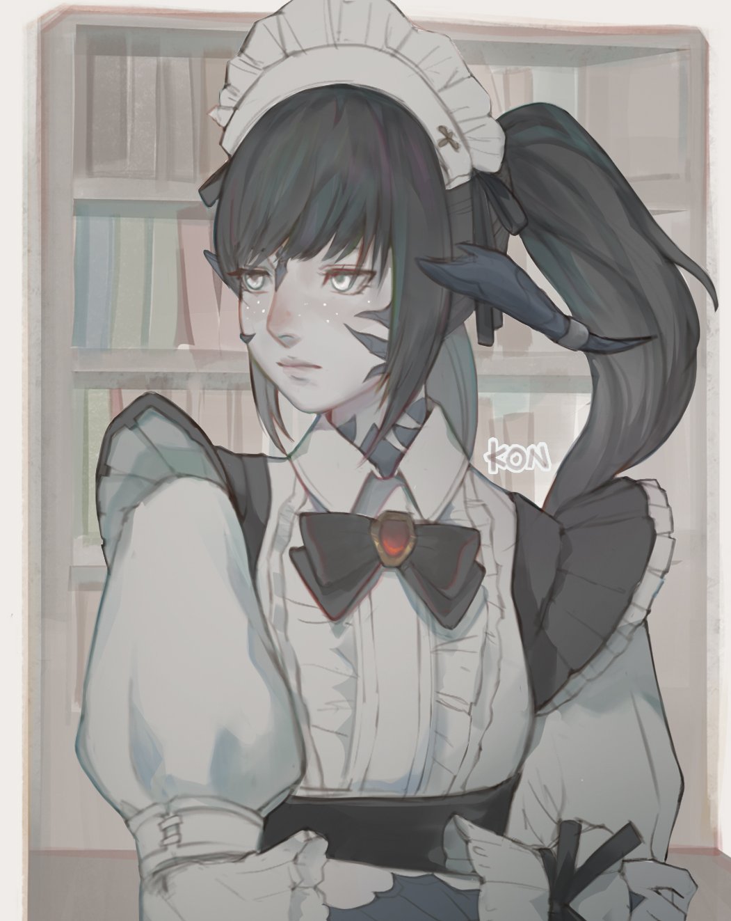 1girl apron au_ra black_bow black_bowtie black_hair book bookshelf bow bowtie brooch closed_mouth colored_skin freckles frilled_apron frills grey_eyes grey_skin highres horns jewelry konburice maid maid_apron maid_headdress monster_girl scales signature solo upper_body warrior_of_light_(ff14)